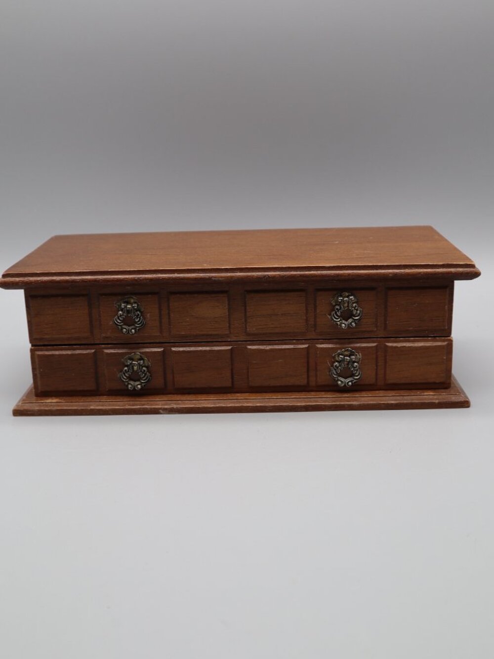 Vintage Wooden Jewelry Organizer Box w/ Mirror Velvet Lined Metal Hardware 11"L